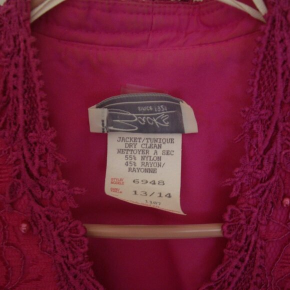 Zacks Sz 13-14 Fuschia 2 Piece Dress Vintage 80s Skirt Jacket Suit Lace & Pearls - Picture 6 of 11